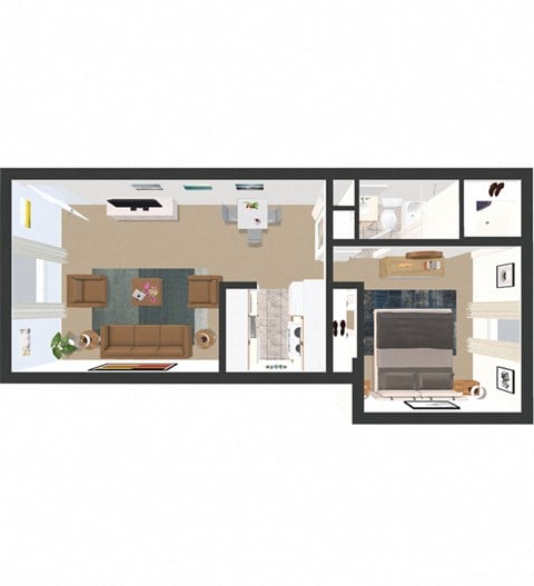 Floor plan for 1 bed, 1 bath, 730 sqft